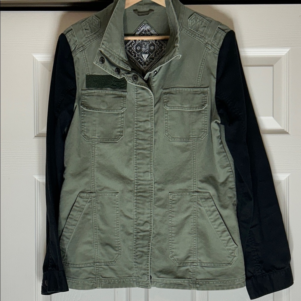 Fox Women's Utility Cargo Jacket Fatigue Denim Snap Button Size Large - Picture 2 of 10